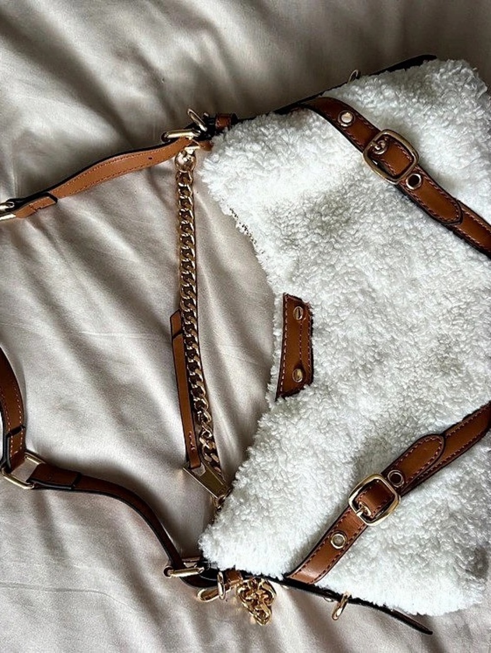 Faux Fur Crossbody Bag in White & Brown Like New